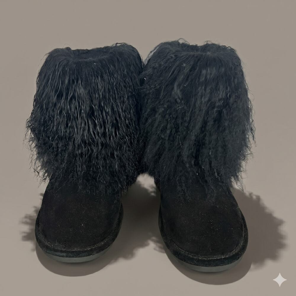 Bearpaw Womens 9 Black Boo Curly Lamb Real Fur Suede Cozy Winter Snow Boots